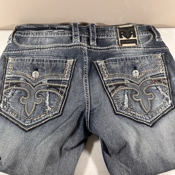 Rock Revival Norman Straight Jeans Mens 38x26 Distressed Embroidered Pockets